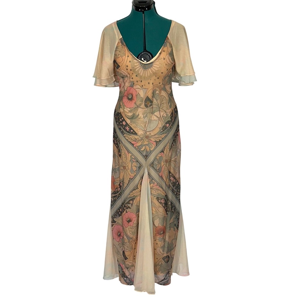 Free People Art Nouveau Celestial Nights Maxi Dress Flutter Sleeve XS OB2389878